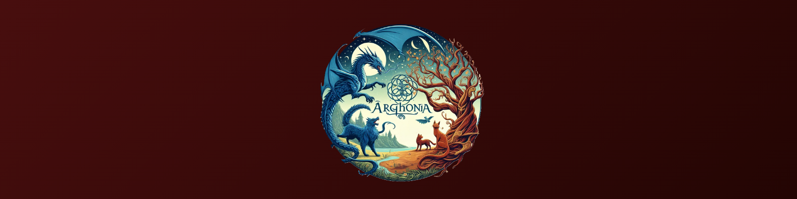 Name Arghoni und fantasievolles Logo mit Drachen, Tieren und Landschaft