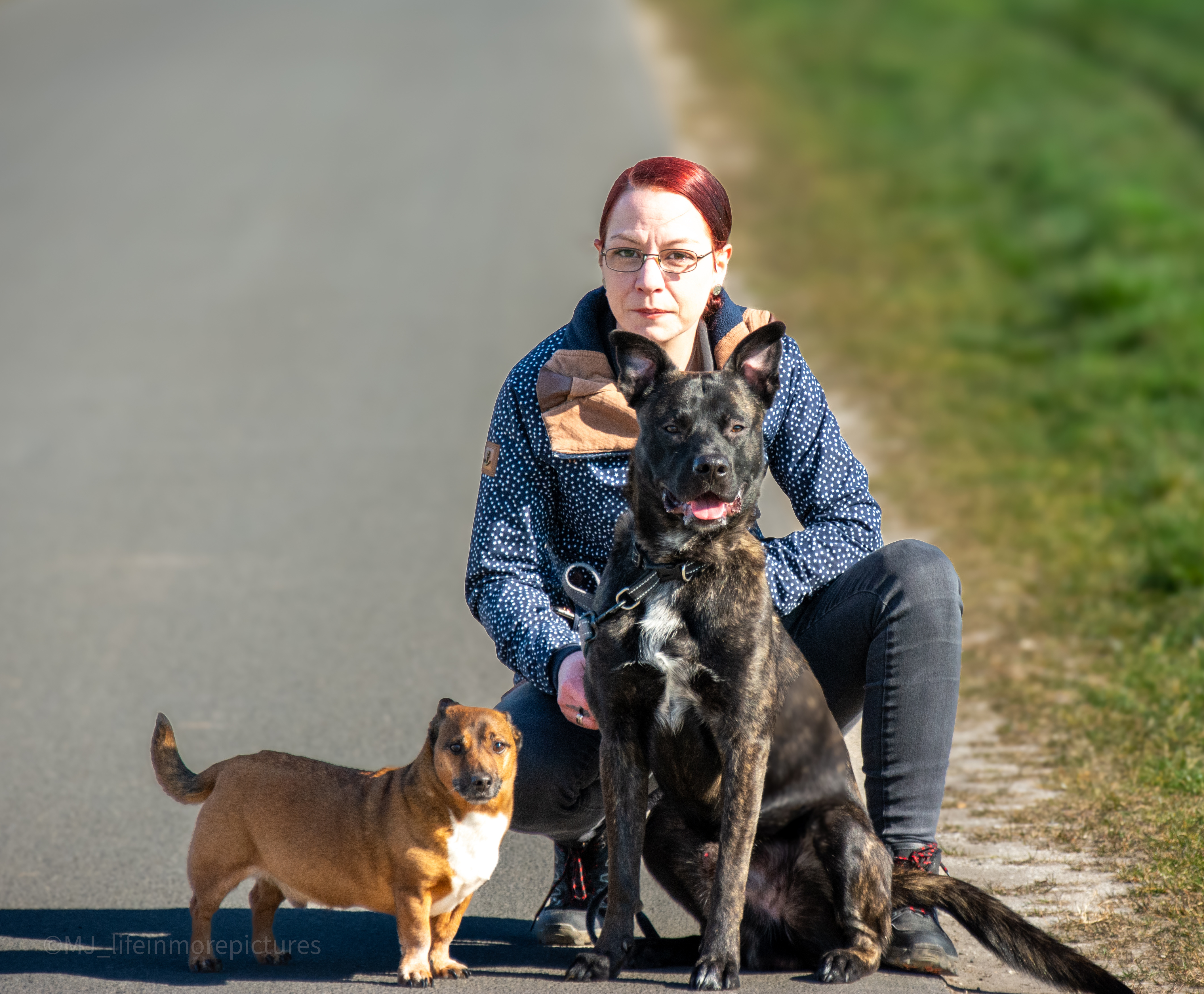 Frau mit zwei Hunden auf der Straße