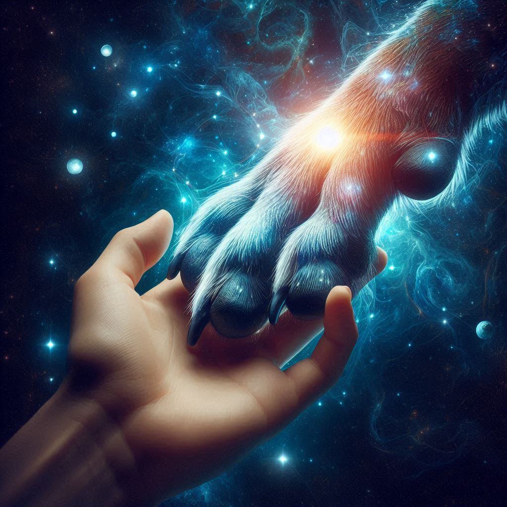 Hundepfote berührt eine Hand , faszinierende Darstellung des Weltraums, eine kosmische Atmosphäre verleihen
